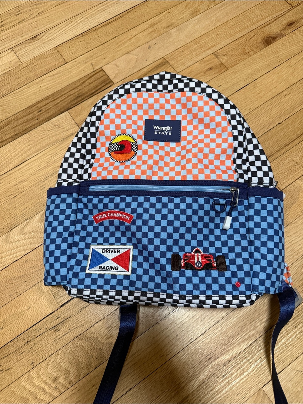 State x Wrangler Kids Blue & Orange Checkerboard Racing-Themed Backpack